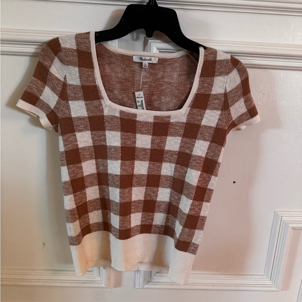 Madewell Brown and White Plaid Short Sleeve Top